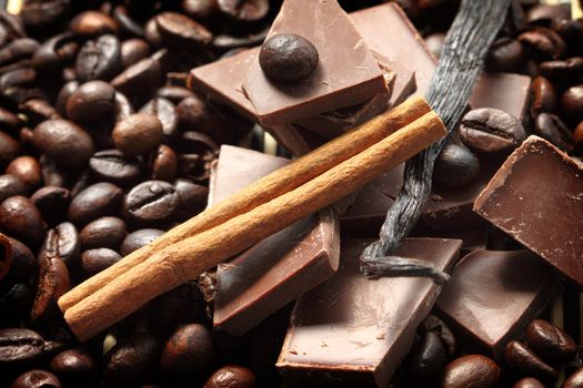 close up of chocolate and coffee beans, shallow dof 