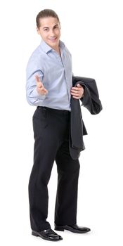 Businessman gesturing with emotions on a white background