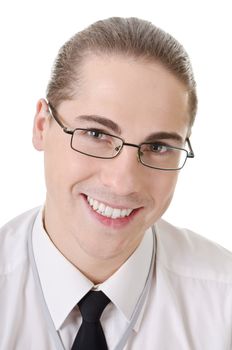 Businessman gesturing with emotions on a white background