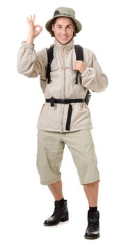 young man - tourist with backpack on a white background