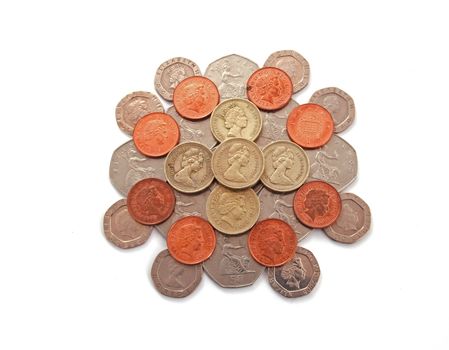 British, UK, coins  on a plain white background.