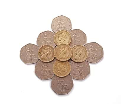 British, UK, coins  on a plain white background.