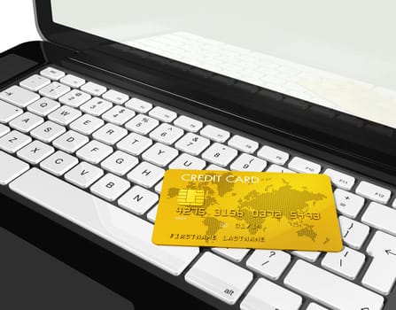 3D render of a gold credit card on a laptop
