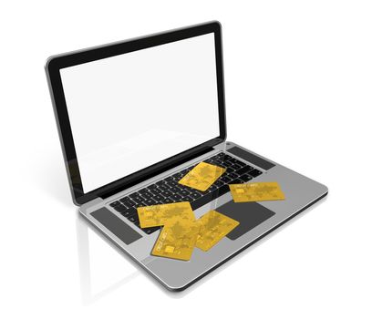 3D render of many gold credit cards on a laptop - isolated on white with clipping path