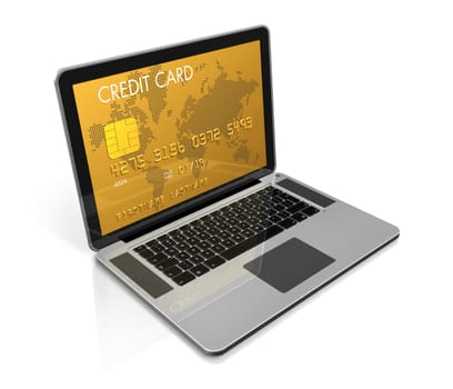 3D render of a gold credit card on a laptop screen- isolated on white with clipping path
