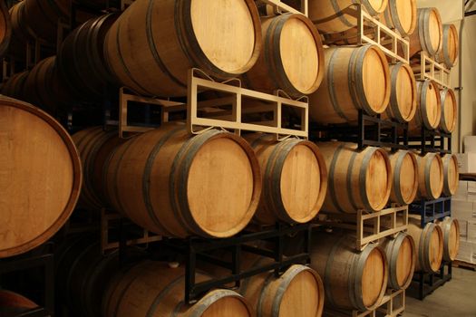 wooden wine barrels in a wine cellar