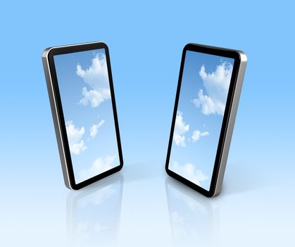 sky on two three dimensional connected mobile phones - screens clipping path