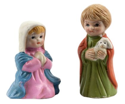 Vintage ceramic figurines of Mary and the little shepherd boy