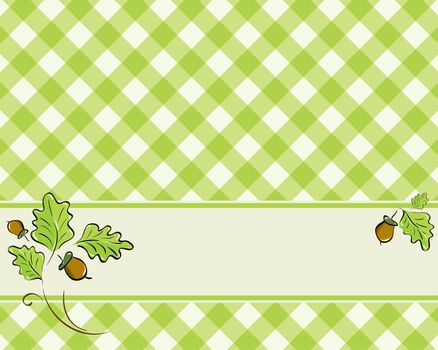 checkered background in a light green color decorated with oak leaves and acorns.
