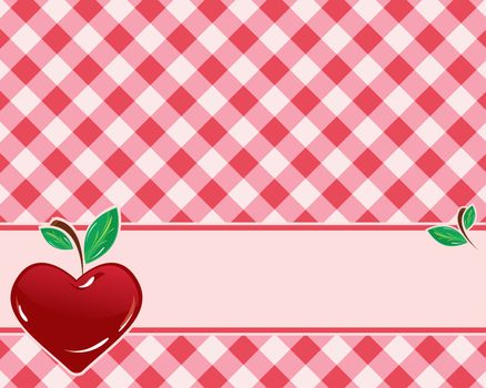 checkered background in red tones decorated with heart-shaped cherries.