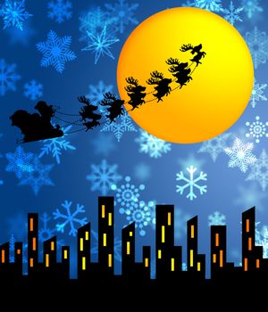 Santa Sleigh and Reindeers Flying over the City with Moon Illustration