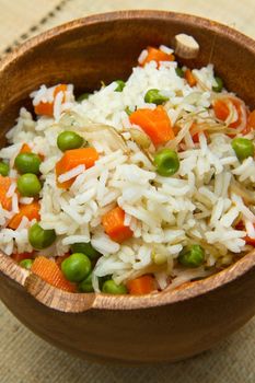 Chinese fried rice with carrots, peas and soybeans