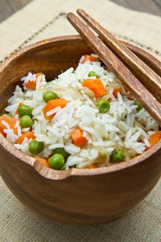 Chinese fried rice with carrots, peas and soybeans