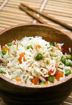 Chinese fried rice with carrots, peas and soybeans