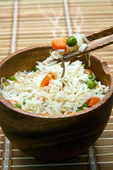 Chinese fried rice with carrots, peas and soybeans