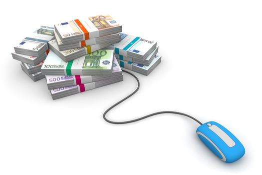 blue computer mouse is connected to a big pile of euro banknotes