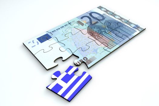 20 Euro note from top as a puzzle - one piece seperately - extra piece with Greece / greek flag on it