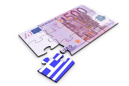 500 Euro note from top as a puzzle - one piece seperately - extra piece with Greece / greek flag on it