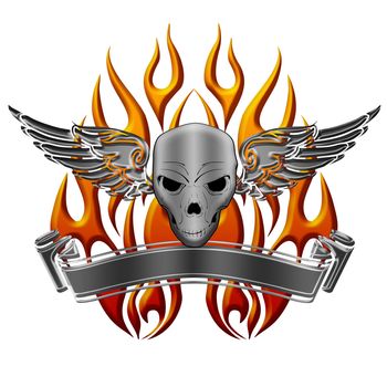 Skull with Wings Flames and Banner Illustration