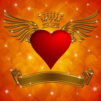 Valentine's Day Heart with Crown Wings Banner and Sparkles on Blurred Background