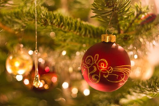 Decorated ball in christmas tree with other decoration and lights - shallow dof horizontal