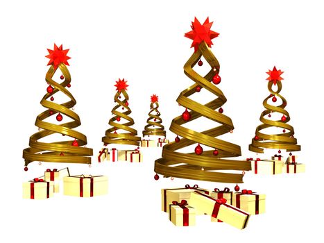 Five golden design pines and many gifts on a white background