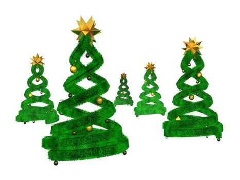 Five green design pines and golden balls on a white background