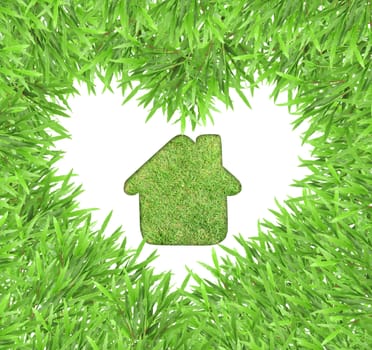 isolated green heart grass photo frame with home