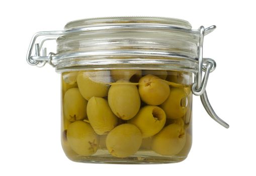 olives in a glass jar isolated on white background