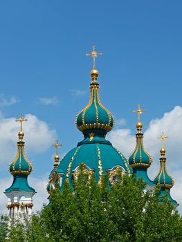 Domes of the famous St. Andrew's Church in Kiev, Ukraine