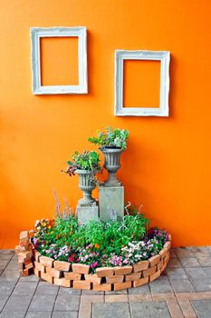 decoration of small garden with frames on orange wall