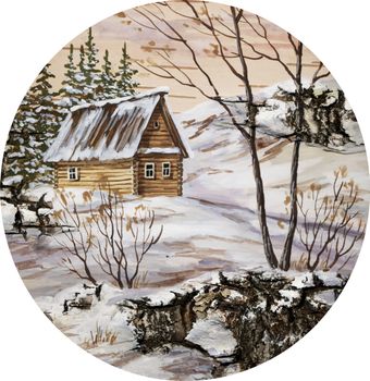 Drawing distemper on a birch bark: small house in wood