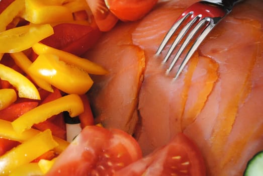 Smoked salmon and vegetables.