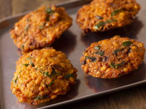 close up of a tray masala vada