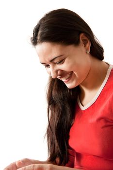 Beautiful happy  Indian girl, isolated on gray background