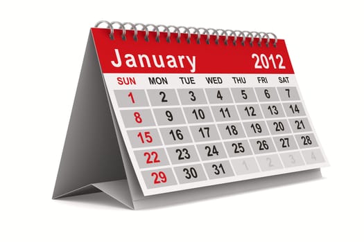 2012 year calendar. January. Isolated 3D image