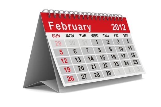 2012 year calendar. February. Isolated 3D image