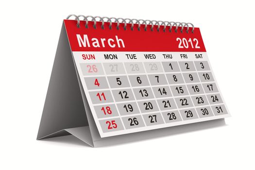 2012 year calendar. March. Isolated 3D image