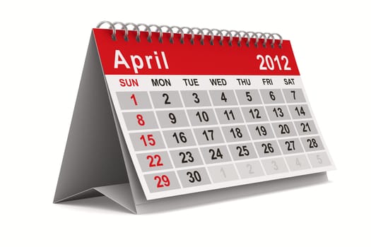 2012 year calendar. April. Isolated 3D image