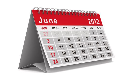 2012 year calendar. June. Isolated 3D image