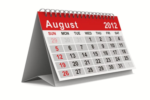 2012 year calendar. August. Isolated 3D image