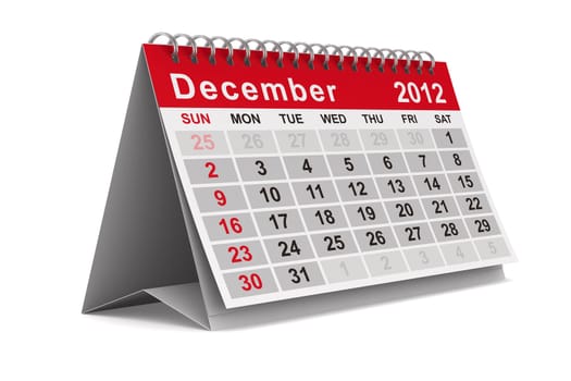 2012 year calendar. December. Isolated 3D image
