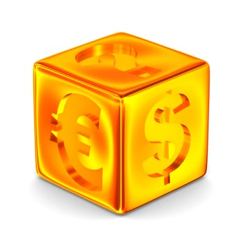 Cube with currency signs. Isolated 3D image