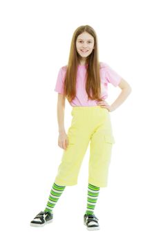 Teen girl in a bright summer clothes on the isolated white background
