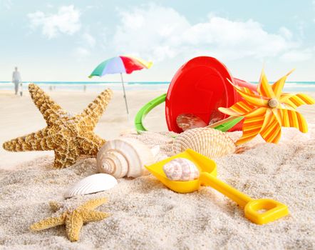 Assortment of children's beach toys at the beach