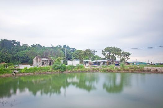 Chinese houses and garden with a pond outside