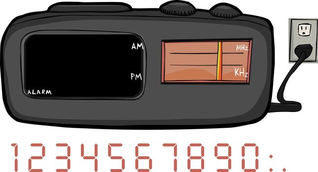 Alarm clock radio with blank areas for time and frequency