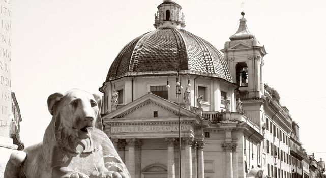 Piazza del Popolo and fountain lion in Rome Italy, black / white photo