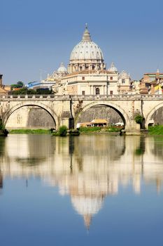 view of panorama Vatican City from Ponte Umberto I in Rome, Italy