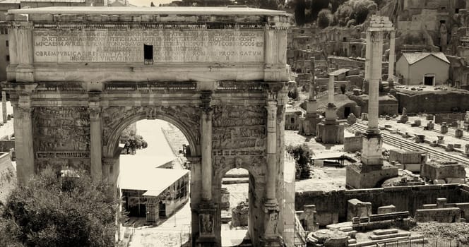 Landscape view of roman forum in Rome, Italy, black / white photo
